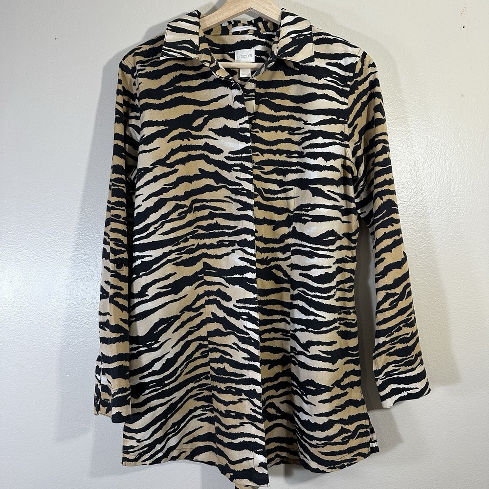Chicos Women's Small Big Cat Print Long Sleeve Tunic Orange Tiger Twill